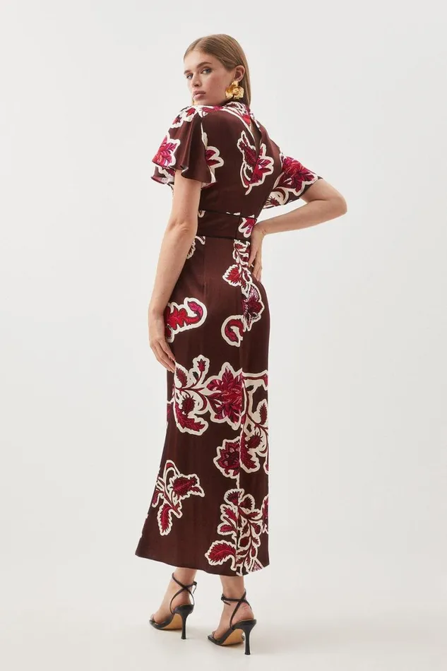 Dresses Women Karen Millen Batik Viscose Satin Angel Sleeve Woven Midi Dress Floral