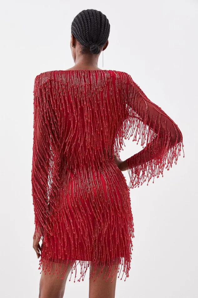 Dresses Women Karen Millen Beaded Fringed And Embellished Woven Mini Dress Red