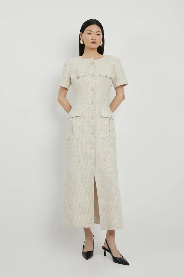Dresses Women Karen Millen Boucle Pocket Detail Button Through Tailored Midi Dress Ecru Dresses Women Karen Millen Boucle Pocket Detail Button Through Tailored Midi Dress Ecru