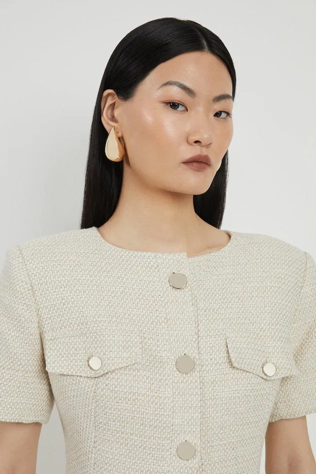 Dresses Women Karen Millen Boucle Pocket Detail Button Through Tailored Midi Dress Ecru