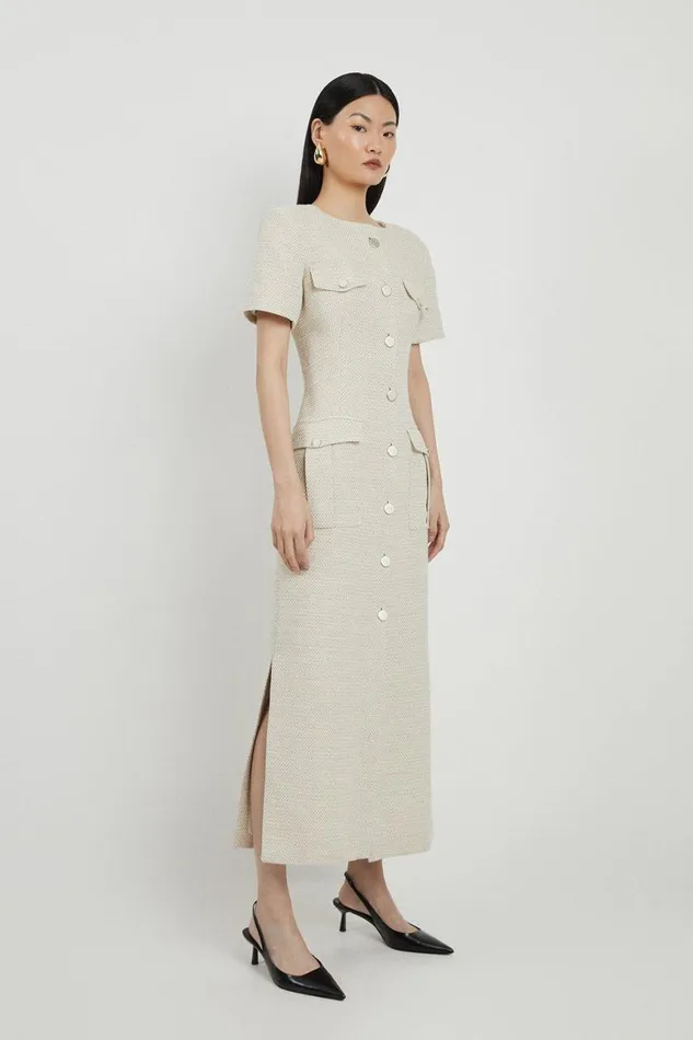 Dresses Women Karen Millen Boucle Pocket Detail Button Through Tailored Midi Dress Ecru