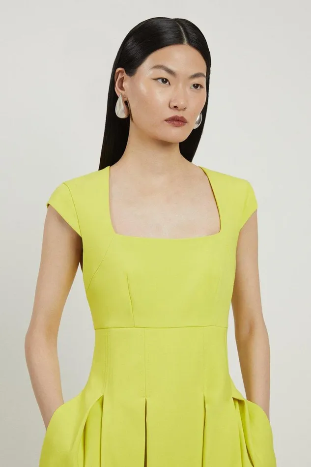 Dresses Women Karen Millen Clean Tailored Square Neck Full Skirted Midi Dress Yellow