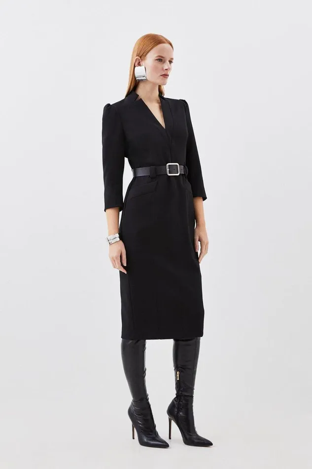 Dresses Women Karen Millen Compact Stretch Tailored Forever Belted Midi Dress Black