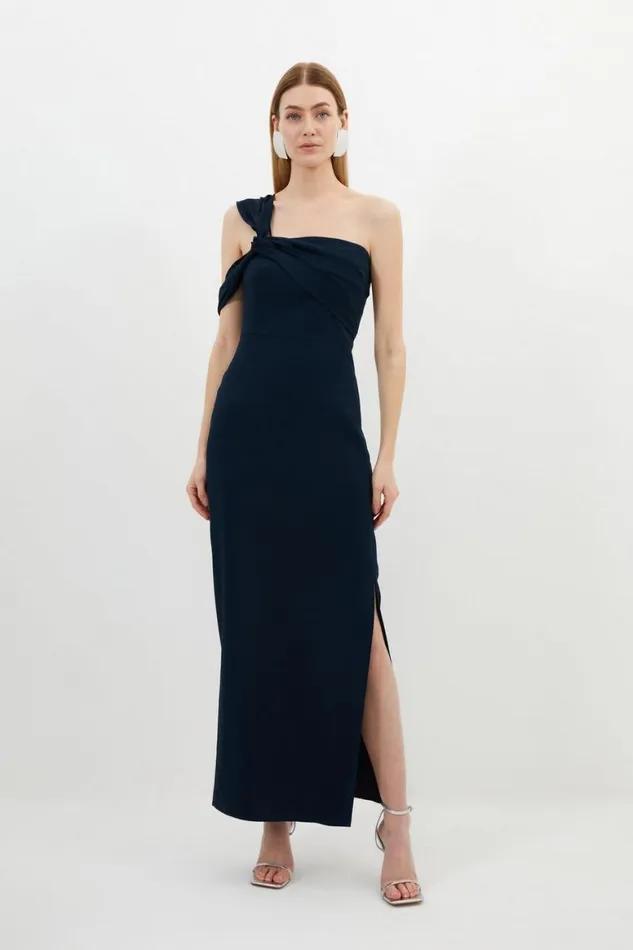 Dresses Women Karen Millen Compact Stretch Viscose Tailored One Shoulder Maxi Dress Navy