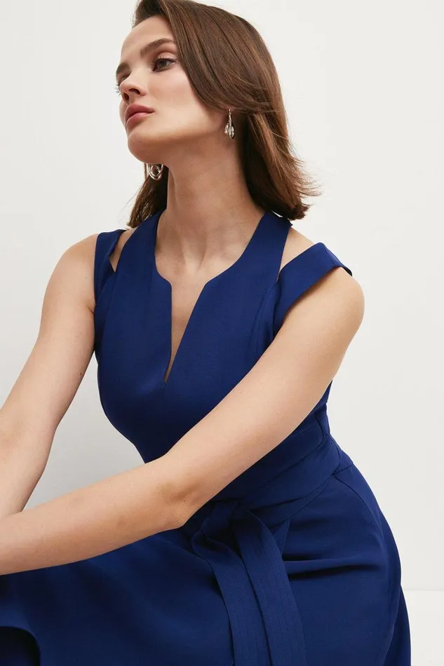 Dresses Women Karen Millen Compact Stretch Viscose Tailored Waterfall Midi Dress Blue