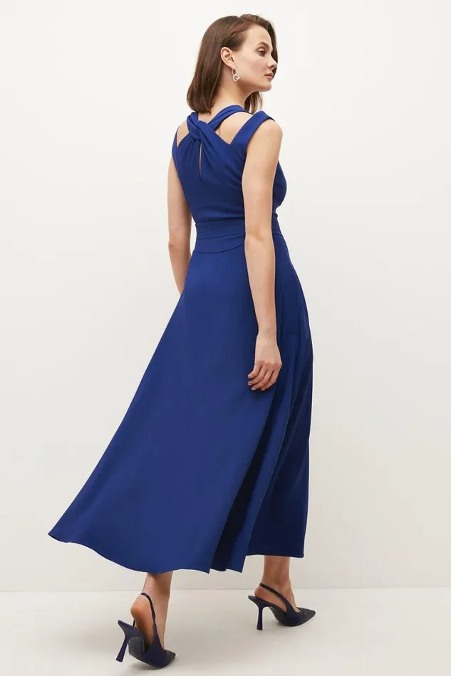 Dresses Women Karen Millen Compact Stretch Viscose Tailored Waterfall Midi Dress Blue