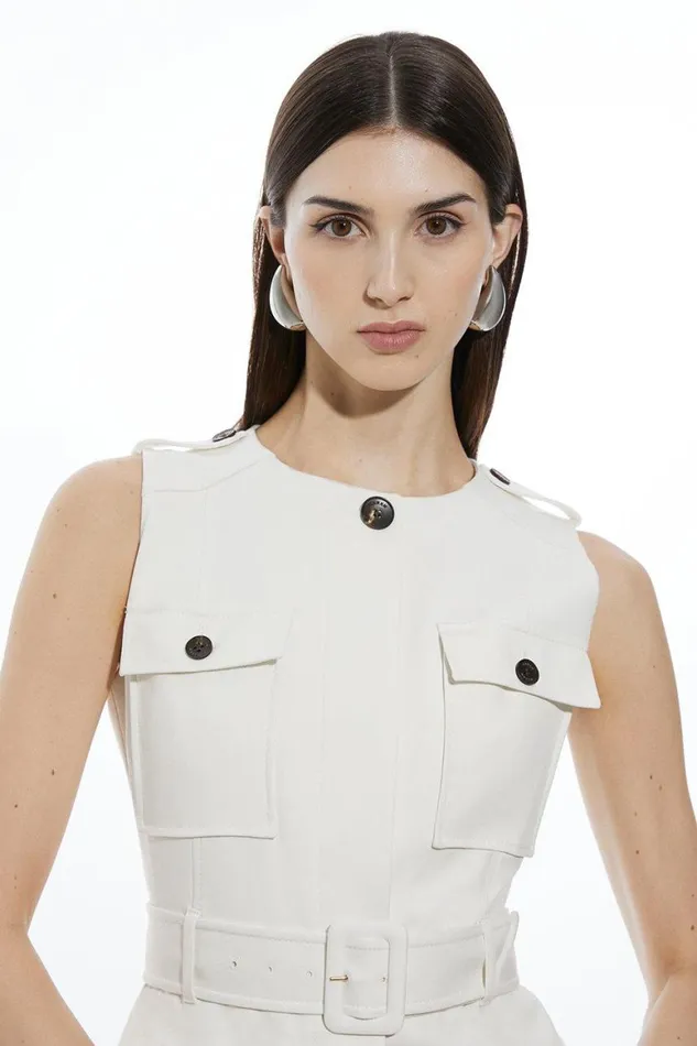 Dresses Women Karen Millen Cotton Safari Cargo Pocket Belted Mini Dress Ivory