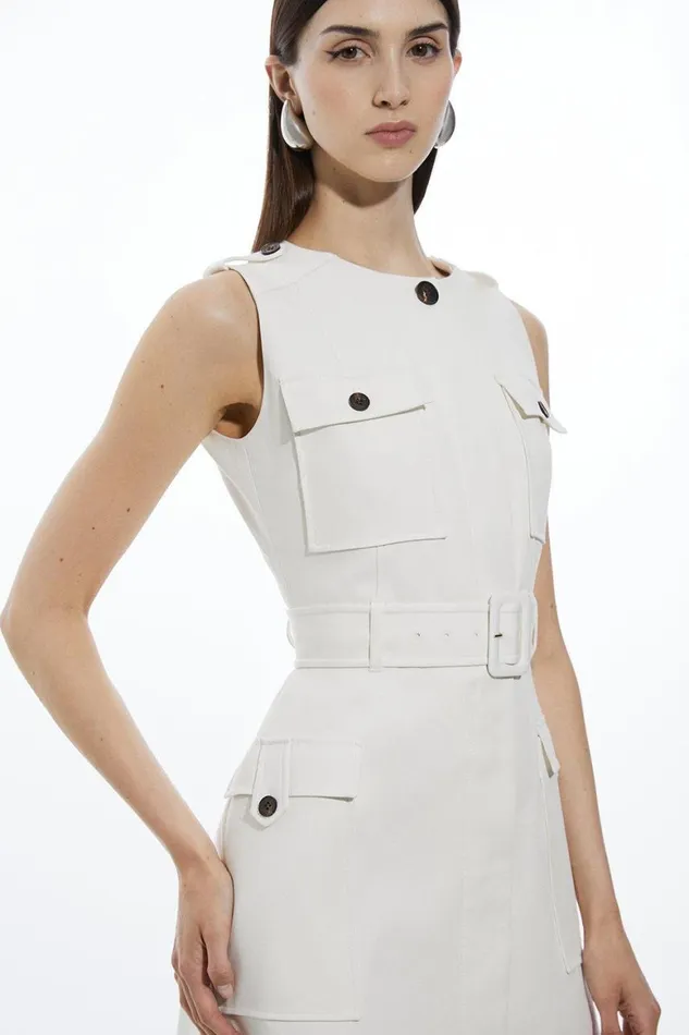 Dresses Women Karen Millen Cotton Safari Cargo Pocket Belted Mini Dress Ivory