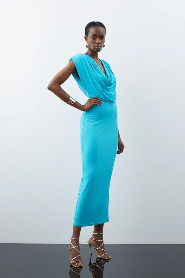 Dresses Women Karen Millen Cowl Neck Jersey Maxi Dress Aqua