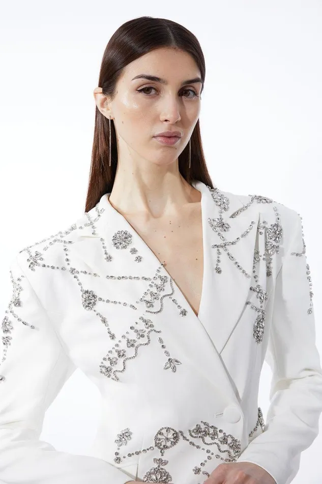 Dresses Women Karen Millen Crystal Embellished Cady Blazer Woven Mini Dress Ivory Dresses Women Karen Millen Crystal Embellished Cady Blazer Woven Mini Dress Ivory