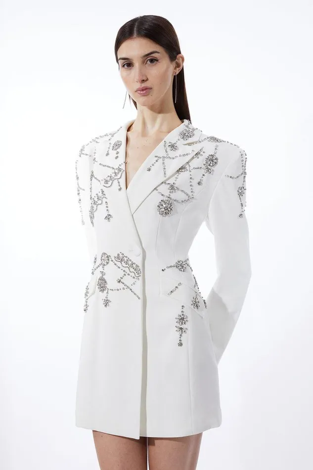 Dresses Women Karen Millen Crystal Embellished Cady Blazer Woven Mini Dress Ivory