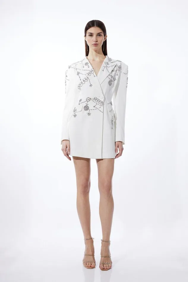 Dresses Women Karen Millen Crystal Embellished Cady Blazer Woven Mini Dress Ivory