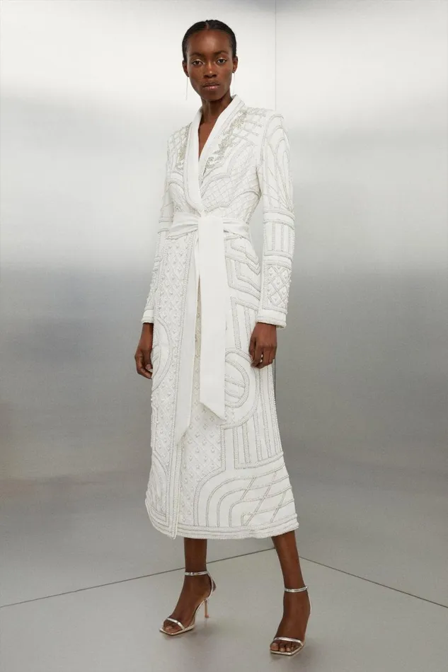 Dresses Women Karen Millen Crystal Embellished Woven Maxi Blazer Dress Ivory