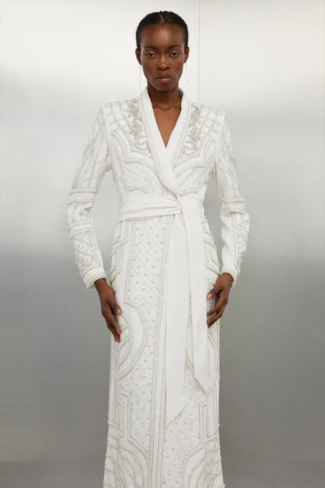 Dresses Women Karen Millen Crystal Embellished Woven Maxi Blazer Dress Ivory