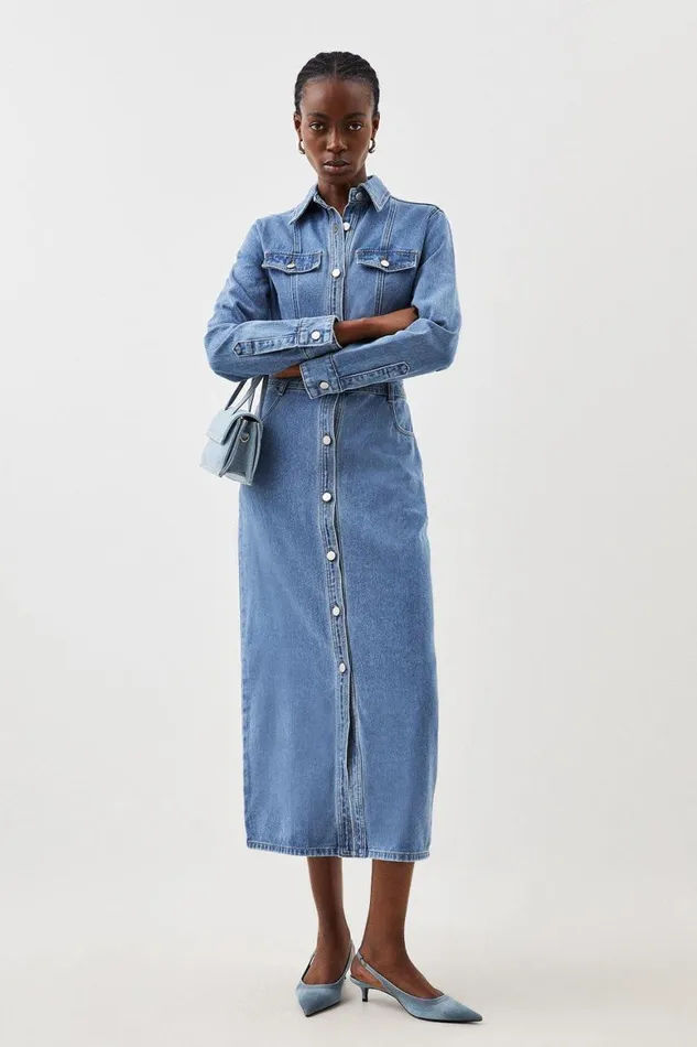 Dresses Women Karen Millen Denim Long Sleeve Midi Shirt Dress Mid Wash
