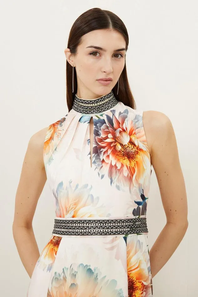 Dresses Women Karen Millen Diamante Trim Rose Floral Woven Sleeveless Maxi Dress Floral