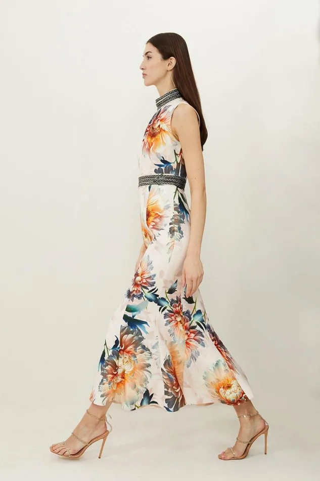 Dresses Women Karen Millen Diamante Trim Rose Floral Woven Sleeveless Maxi Dress Floral