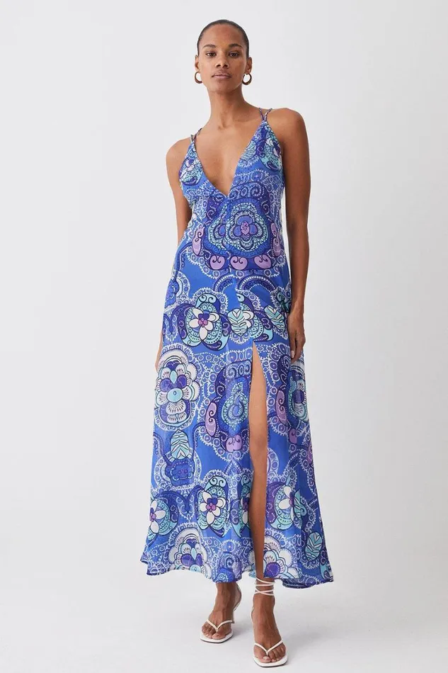 Dresses Women Karen Millen Embellished Batik Embellished Strappy Beach Maxi Dress Blue Dresses Women Karen Millen Embellished Batik Embellished Strappy Beach Maxi Dress Blue