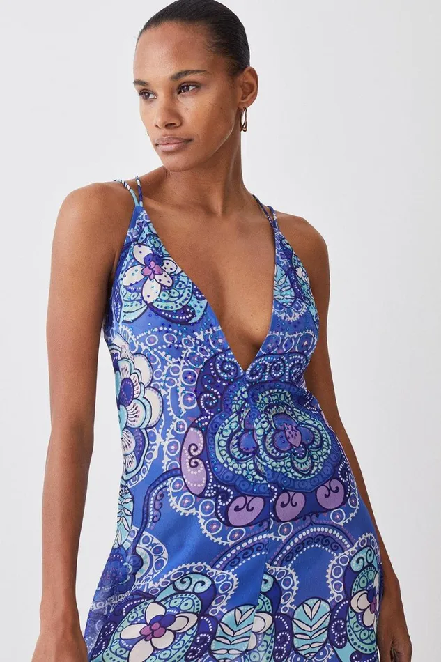 Dresses Women Karen Millen Embellished Batik Embellished Strappy Beach Maxi Dress Blue