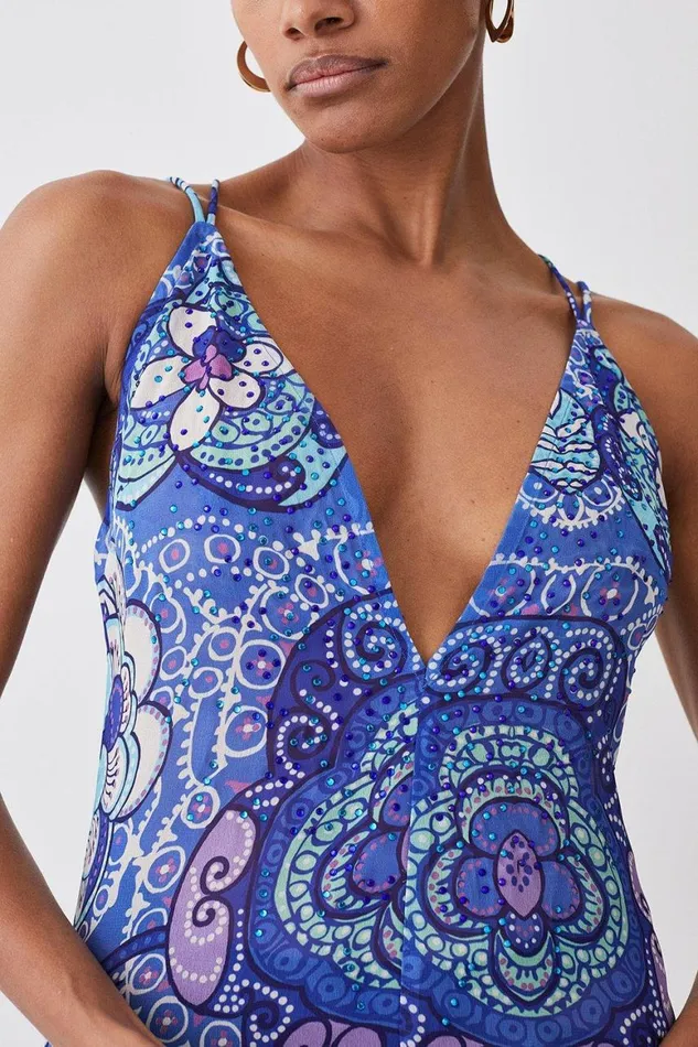 Dresses Women Karen Millen Embellished Batik Embellished Strappy Beach Maxi Dress Blue