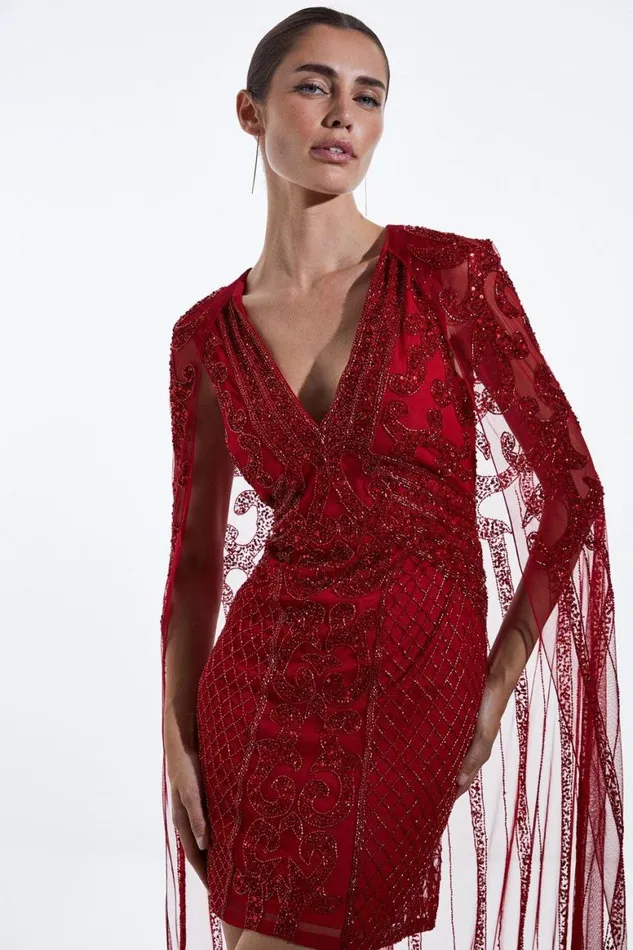 Dresses Women Karen Millen Embellished Mini Dress With Cape Red