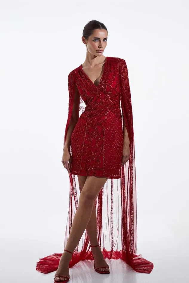 Dresses Women Karen Millen Embellished Mini Dress With Cape Red