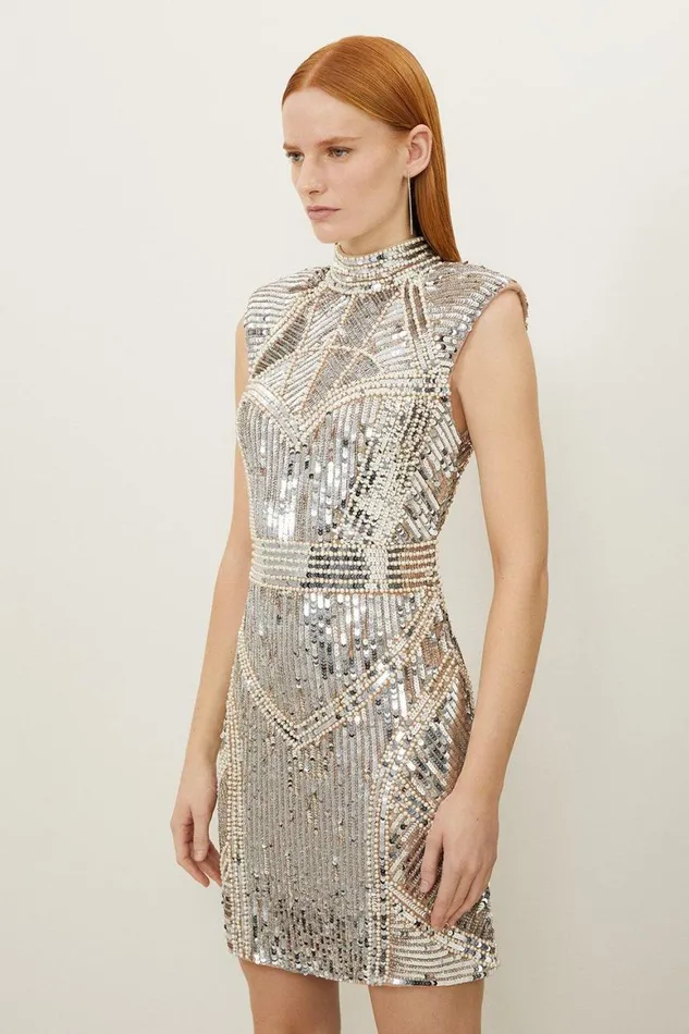 Dresses Women Karen Millen Embellished Pearl Strong Shoulder Mini Dress Nude