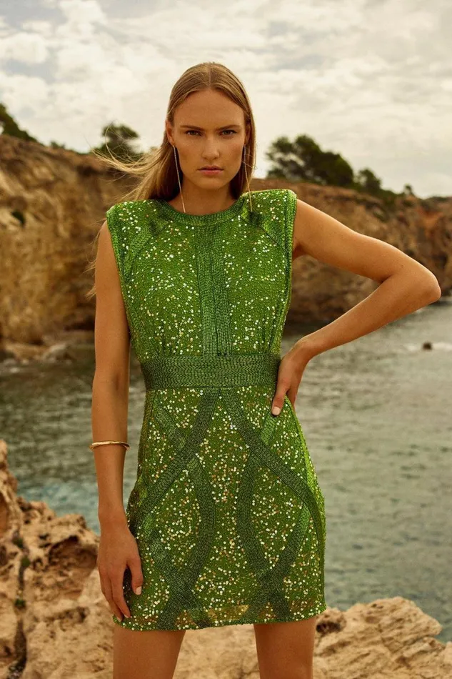 Dresses Women Karen Millen Embellished Strong Shoulder Woven Mini Dress Green Dresses Women Karen Millen Embellished Strong Shoulder Woven Mini Dress Green