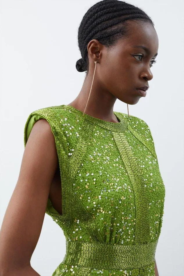 Dresses Women Karen Millen Embellished Strong Shoulder Woven Mini Dress Green