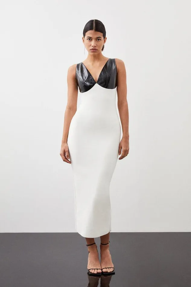 Dresses Women Karen Millen Figure Form Bandage Contrast Knit PU Midi Dress Mono Dresses Women Karen Millen Figure Form Bandage Contrast Knit PU Midi Dress Mono