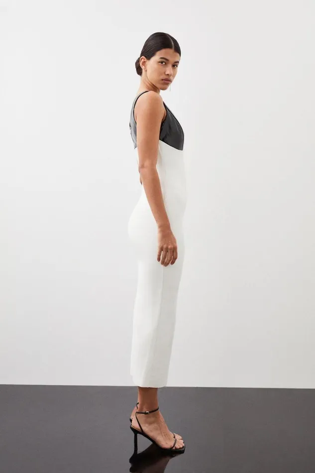 Dresses Women Karen Millen Figure Form Bandage Contrast Knit PU Midi Dress Mono