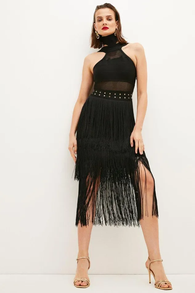 Dresses Women Karen Millen Figure Form Bandage Fringed Knit Midi Dress Black