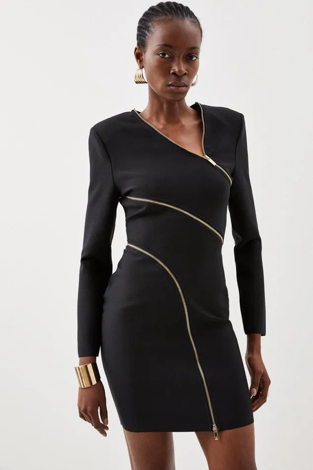 Dresses Women Karen Millen Figure Form Bandage Knit Zip Detail Power Shoulder Mini Dress Black Dresses Women Karen Millen Figure Form Bandage Knit Zip Detail Power Shoulder Mini Dress Black
