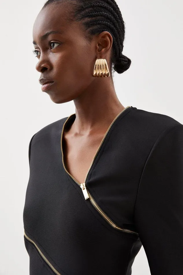 Dresses Women Karen Millen Figure Form Bandage Knit Zip Detail Power Shoulder Mini Dress Black