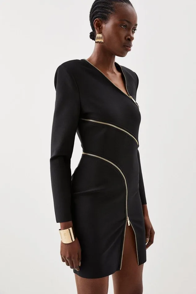 Dresses Women Karen Millen Figure Form Bandage Knit Zip Detail Power Shoulder Mini Dress Black
