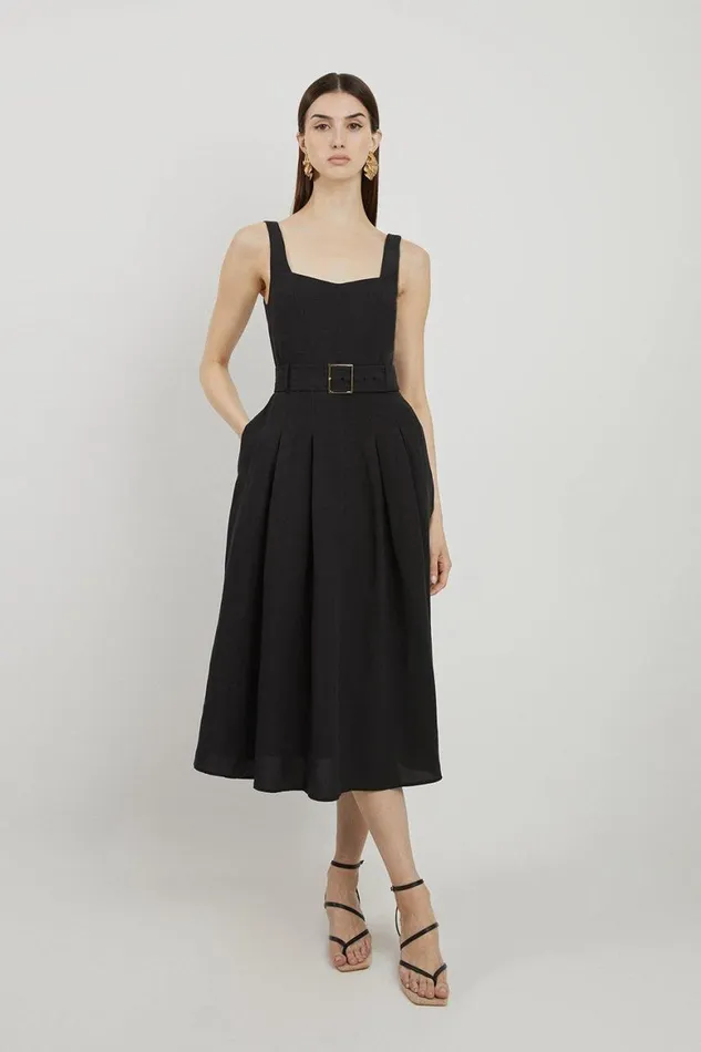Dresses Women Karen Millen Fluid Tailored Belted Full Skirt Midi Dress Black