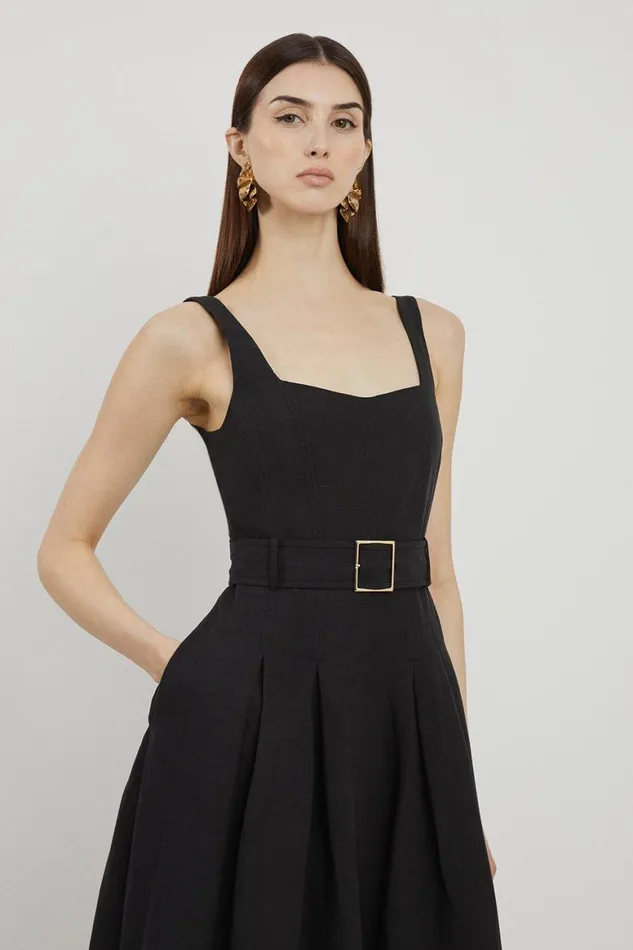 Dresses Women Karen Millen Fluid Tailored Belted Full Skirt Midi Dress Black
