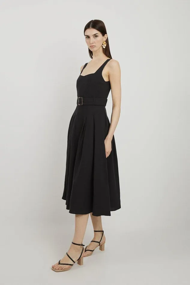 Dresses Women Karen Millen Fluid Tailored Belted Full Skirt Midi Dress Black