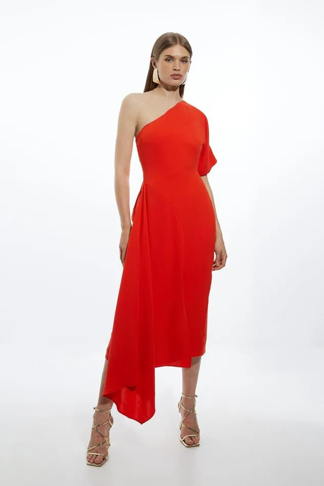 Dresses Women Karen Millen Fluid Tailored One Shoulder Asymmetric Drape Midi Dress Red