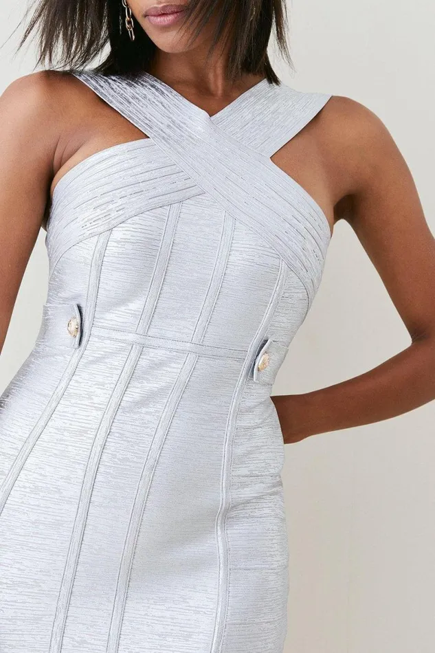 Dresses Women Karen Millen Foiled Bandage Knit Midi Dress Silver