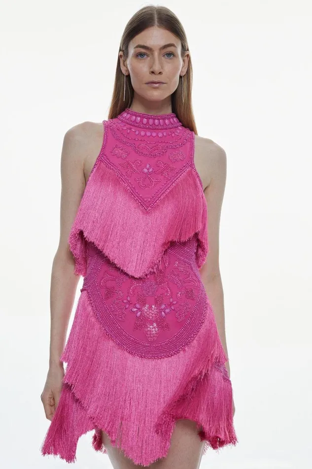 Dresses Women Karen Millen Fringe And Beaded Halter Neck Mini Dress Purple
