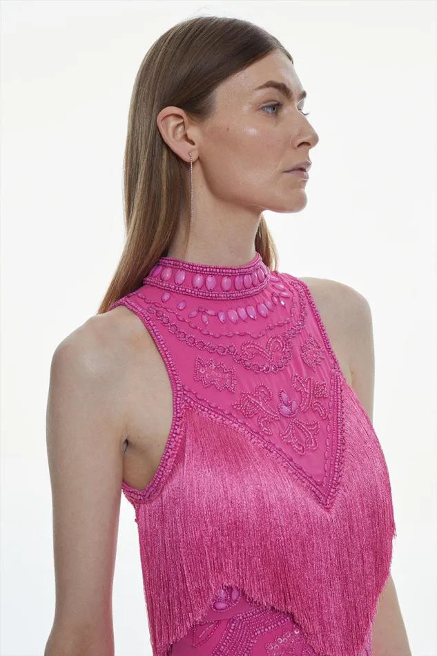 Dresses Women Karen Millen Fringe And Beaded Halter Neck Mini Dress Purple