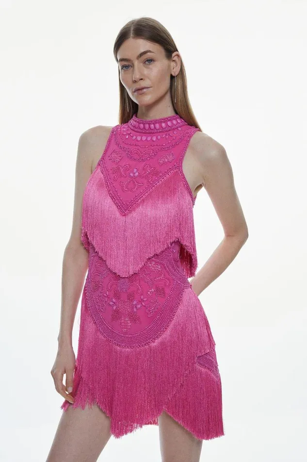 Dresses Women Karen Millen Fringe And Beaded Halter Neck Mini Dress Purple