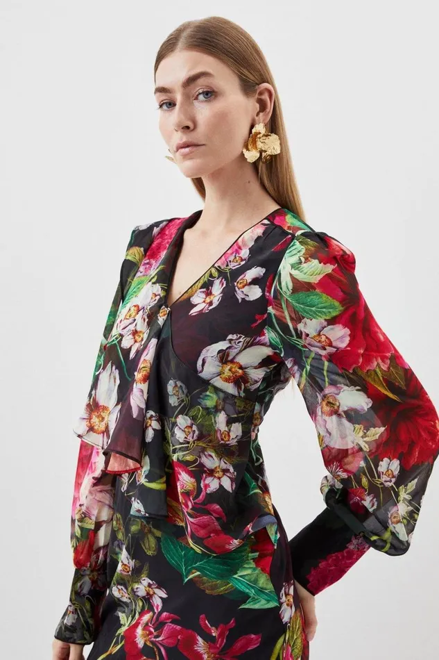 Dresses Women Karen Millen Garden Floral Printed Georgette Belted Woven Maxi Dress Floral