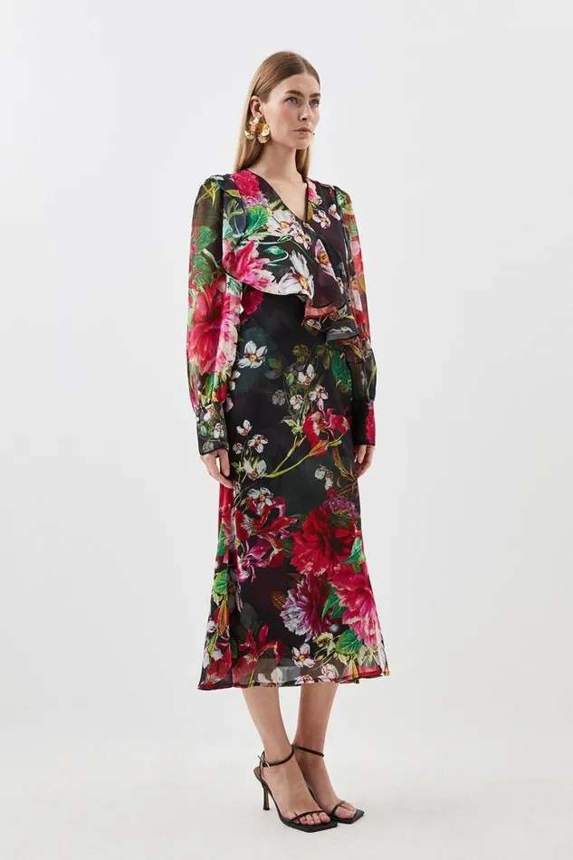 Dresses Women Karen Millen Garden Floral Printed Georgette Belted Woven Maxi Dress Floral