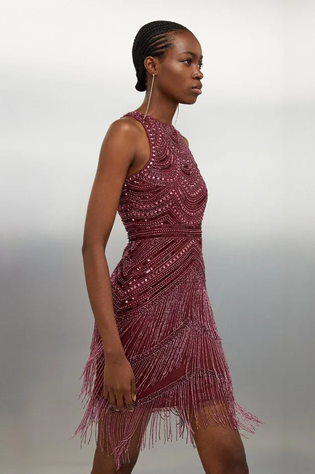 Dresses Women Karen Millen Halter Neck Beaded And Embellished Woven Fringed Mini Dress Burgundy Dresses Women Karen Millen Halter Neck Beaded And Embellished Woven Fringed Mini Dress Burgundy