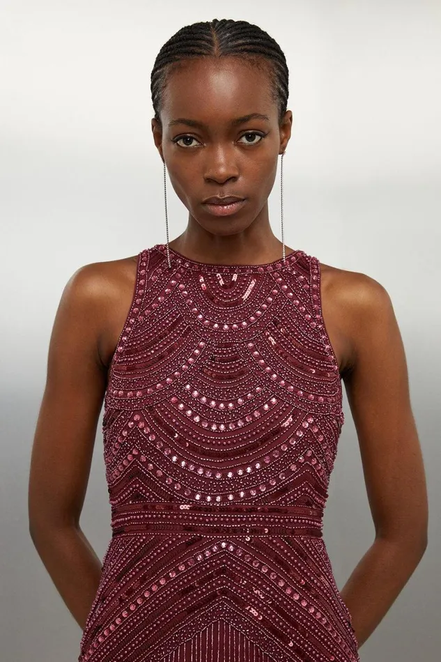 Dresses Women Karen Millen Halter Neck Beaded And Embellished Woven Fringed Mini Dress Burgundy