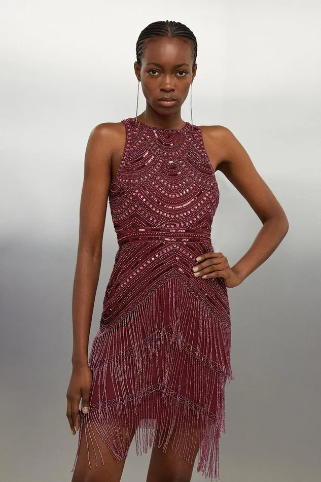 Dresses Women Karen Millen Halter Neck Beaded And Embellished Woven Fringed Mini Dress Burgundy