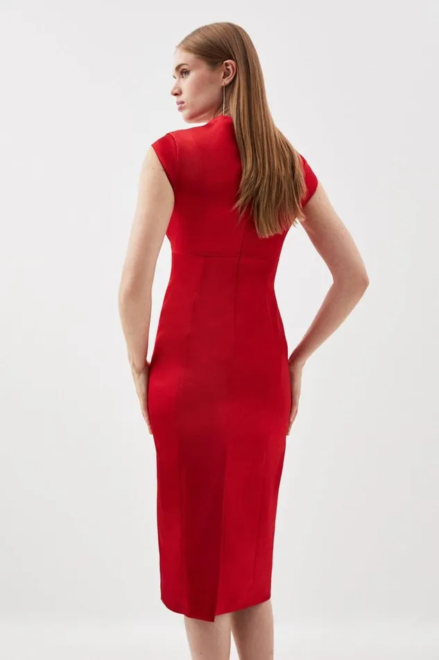 Dresses Women Karen Millen Italian Satin Envelope Neck Pencil Tailored Midi Dress Red