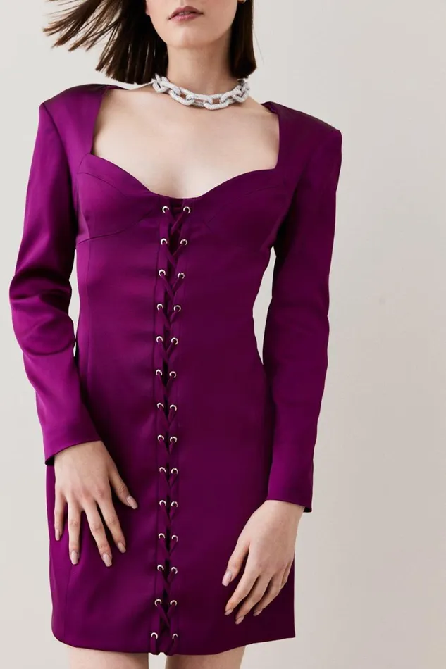 Dresses Women Karen Millen Italian Structured Satin Tie Front Mini Dress Magenta Dresses Women Karen Millen Italian Structured Satin Tie Front Mini Dress Magenta